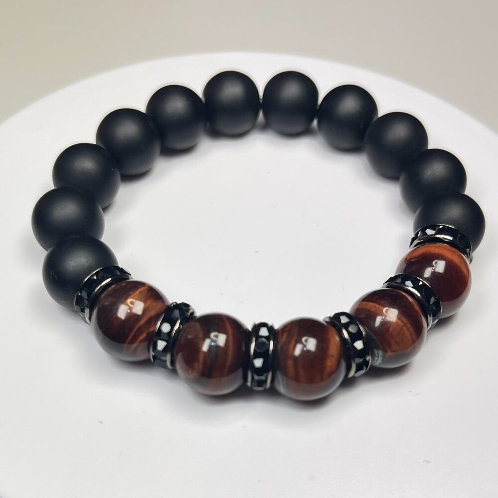 Men's Matt Onyx and Tigers Eye Stretch Beaded Bracelet